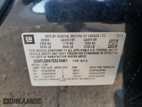 2012 Chevrolet Equinox LTZ with VIN 2GNFLGEK7C6218461, listed as a Copart auction lot 84112844 with 130,006 mi miles and Salvage Title. Bid and sale history available at carsss.com. Image 15.