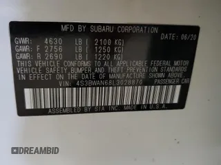 2020 Subaru Legacy Limited with VIN 4S3BWAN68L3028870, listed as a Copart auction lot 61866105 with 50,642 mi miles and Salvage title. Bid and sale history available at DreamBid. Image 12.