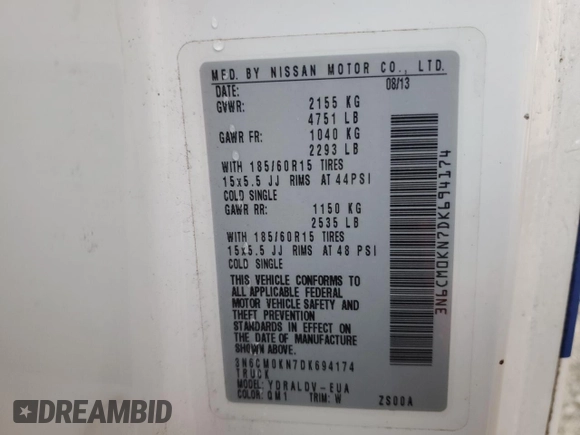 2013 Nissan NV200 SV с VIN 3N6CM0KN7DK694174, выставлен на аукционе Copart как лот 50357565 с пробегом 131 356 миль миль и Чистый • Clean title. История ставок и продаж доступна на DreamBid. Изображение 13.