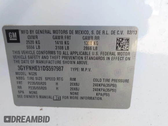 2013 Cadillac SRX Performance Collection with VIN 3GYFNHE31DS597987, listed as a IAAI auction lot 42319058 with 139,670 mi miles and . Bid and sale history available at DreamBid. Image 9.