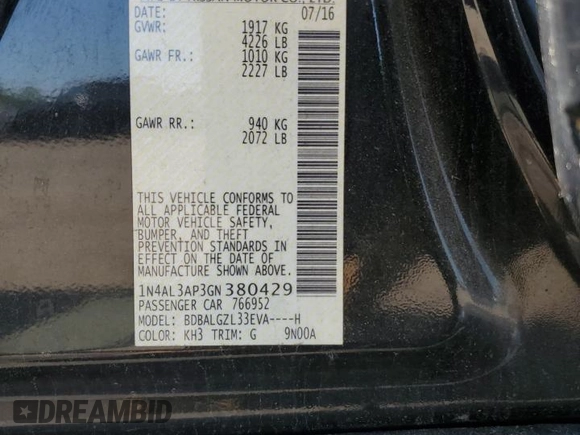 2016 Nissan Altima S with VIN 1N4AL3AP3GN380429, listed as a Copart auction lot 59389635 with Not provided miles and Salvage title. Bid and sale history available at DreamBid. Image 12.