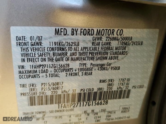 2007 Ford Five Hundred SEL with VIN 1FAHP27117G156628, listed as a Copart auction lot 79495804 with 99,989 mi miles and Salvage Title. Bid and sale history available at carsss.com. Image 12.