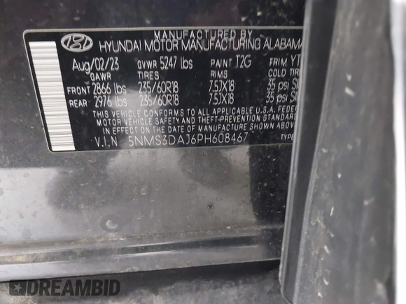 2023 Hyundai Santa Fe SEL with VIN 5NMS3DAJ6PH608467, listed as a IAAI auction lot 41957185 with 8,672 mi miles and . Bid and sale history available at DreamBid. Image 9.