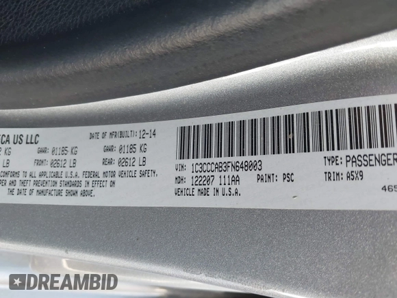 2015 Chrysler 200 Limited with VIN 1C3CCCAB3FN648003, listed as a IAAI auction lot 41859467 with 111,880 mi miles. Bid and sale history available at carsss.com. Image 9.