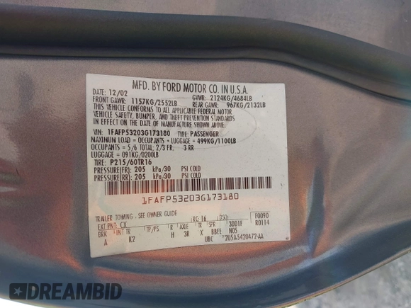 2003 Ford Taurus SE Standard with VIN 1FAFP53203G173180, listed as a IAAI auction lot 42495369 with 129,091 mi miles and . Bid and sale history available at DreamBid. Image 9.