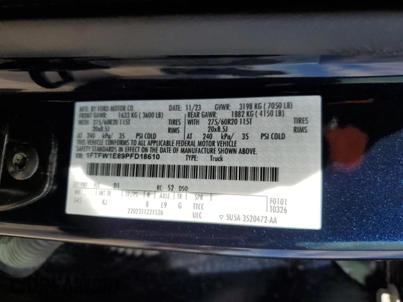 2023 Ford F-150 XL with VIN 1FTFW1E89PFD18610, listed as a Copart auction lot 47592125 with 19,541 mi miles and Salvage Title. Bid and sale history available at carsss.com. Image 10.