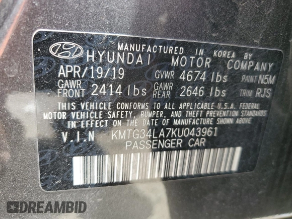 2019 Genesis G70 Advanced with VIN KMTG34LA7KU043961, listed as a Copart auction lot 60412685 with 47,710 mi miles and Salvage title. Bid and sale history available at DreamBid. Image 13.
