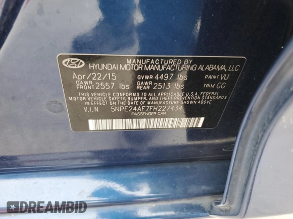 2015 Hyundai Sonata SE z VIN 5NPE24AF7FH227434, wystawiony jako Copart lot #48319325 z przebiegiem 178 925 mil mil oraz Szkoda całkowita • Salvage title. Historia ofert i sprzedaży dostępna na DreamBid. Obrazek 12.