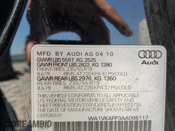 2010 Audi Q5 Prestige with VIN WA1VKAFP3AA098117, listed as a Copart auction lot 57606235 with 140,104 mi miles and Salvage title. Bid and sale history available at DreamBid. Image 13.