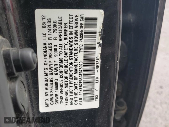 2012 Honda Civic LX z VIN 19XFB2F56CE375020, wystawiony jako Copart lot #61473855 z przebiegiem 172 476 mil mil oraz Szkoda całkowita • Salvage title. Historia ofert i sprzedaży dostępna na DreamBid. Obrazek 12.