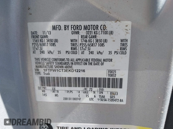 2014 Ford F-150 XL with VIN 1FTFW1CT3EKD12216, listed as a IAAI auction lot 42110775 with 140,673 mi miles. Bid and sale history available at carsss.com. Image 9.