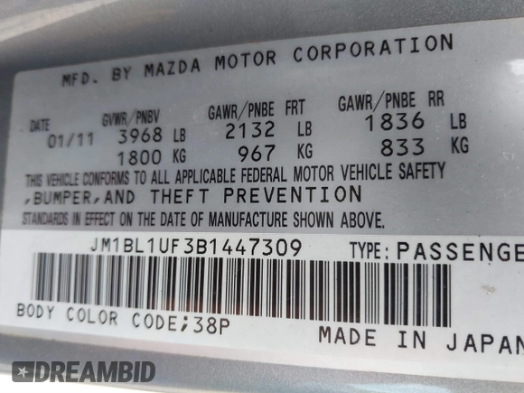 2011 Mazda Mazda3 i Sport with VIN JM1BL1UF3B1447309, listed as a IAAI auction lot 41855254 with 130,133 mi miles. Bid and sale history available at carsss.com. Image 9.