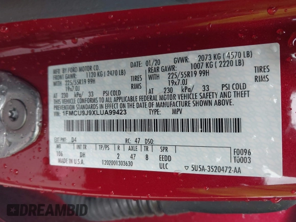 2020 Ford Escape Titanium with VIN 1FMCU9J9XLUA99423, listed as a IAAI auction lot 42511937 with 17,849 mi miles and . Bid and sale history available at DreamBid. Image 9.