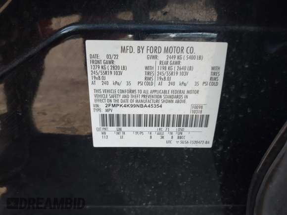 2022 Ford Edge Titanium with VIN 2FMPK4K99NBA45354, listed as a IAAI auction lot 42187761 with 75,458 mi miles and . Bid and sale history available at DreamBid. Image 9.