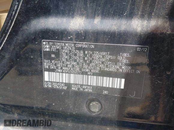 2012 Toyota RAV4 with VIN JTMBF4DV5C5053272, listed as a IAAI auction lot 42629861 with 70,160 mi miles and . Bid and sale history available at DreamBid. Image 9.