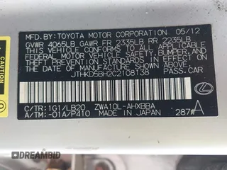 2012 Lexus CT 200h z VIN JTHKD5BH2C2108138, wystawiony jako IAAI lot #42359222 z przebiegiem 209 412 mil mil oraz . Historia ofert i sprzedaży dostępna na DreamBid. Obrazek 9.