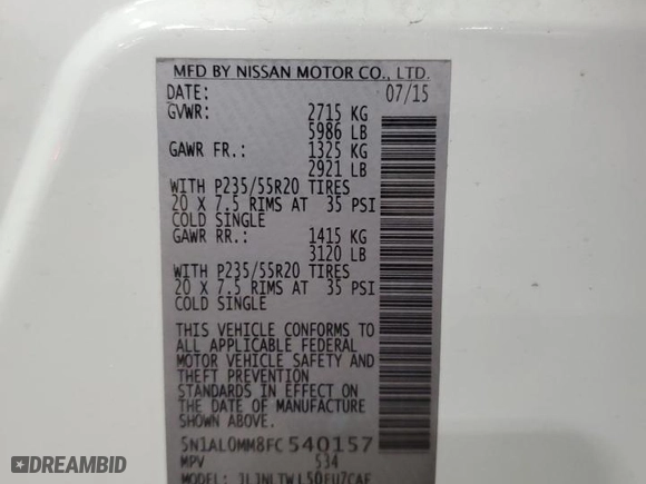 2015 Infiniti QX60 with VIN 5N1AL0MM8FC540157, listed as a Copart auction lot 87964225 with 106,333 mi miles and Salvage Title. Bid and sale history available at carsss.com. Image 14.