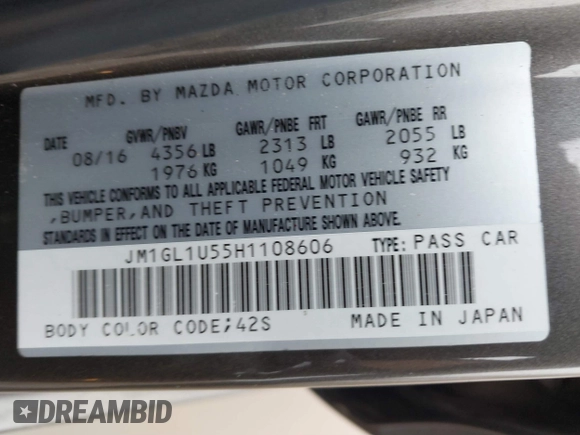 2017 Mazda 6 Sport with VIN JM1GL1U55H1108606, listed as a IAAI auction lot 41606526 with 143,968 mi miles and . Bid and sale history available at DreamBid. Image 9.
