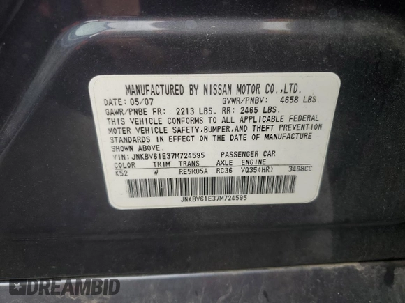 2007 Infiniti G35 Journey with VIN JNKBV61E37M724595, listed as a Copart auction lot 75859344 with 69,052 mi miles and Salvage Title. Bid and sale history available at DreamBid. Image 12.