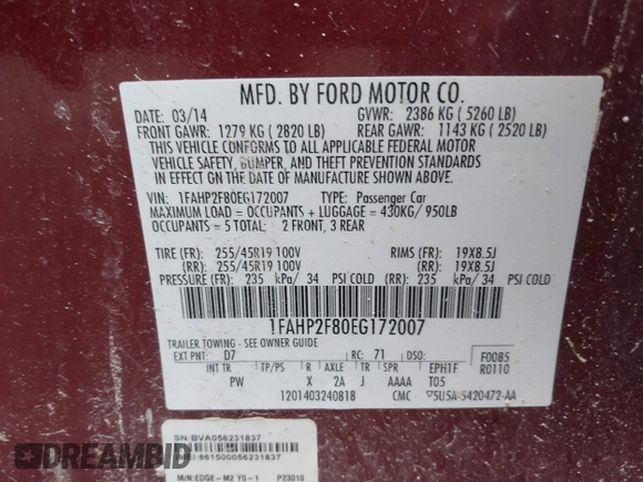 2014 Ford Taurus Limited с VIN 1FAHP2F80EG172007, выставлен на аукционе IAAI как лот 42102543 с пробегом 143 798 миль миль и . История ставок и продаж доступна на DreamBid. Изображение 9.