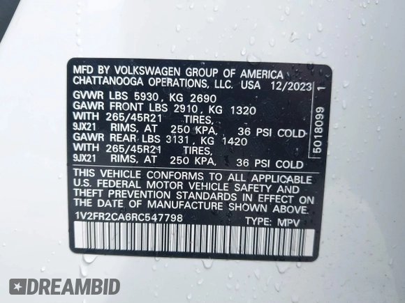 2024 Volkswagen Atlas SEL Premium R-Line z VIN 1V2FR2CA6RC547798, wystawiony jako IAAI lot #41723656 z przebiegiem 27 146 mil mil oraz . Historia ofert i sprzedaży dostępna na DreamBid. Obrazek 9.
