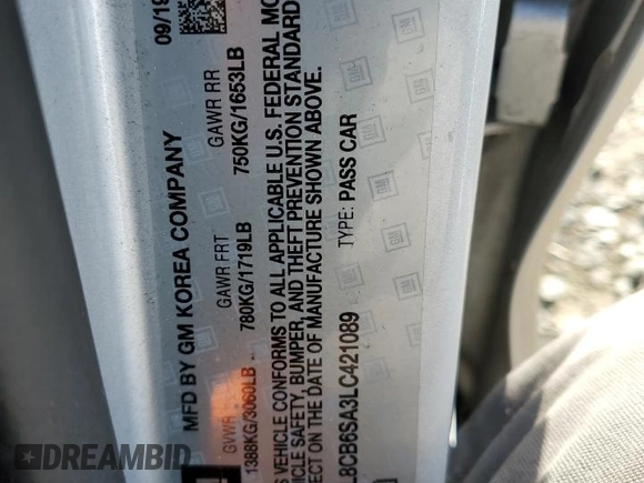 2020 Chevrolet Spark LS with VIN KL8CB6SA3LC421089, listed as a Copart auction lot 47318845 with 91,100 mi miles and Salvage Title. Bid and sale history available at DreamBid. Image 14.