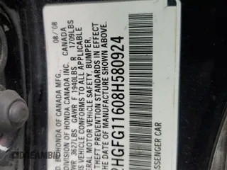2008 Honda Civic Cpe LX with VIN 2HGFG11608H580924, listed as a Copart auction lot 64258734 with 196,522 mi miles and Salvage Title. Bid and sale history available at carsss.com. Image 14.