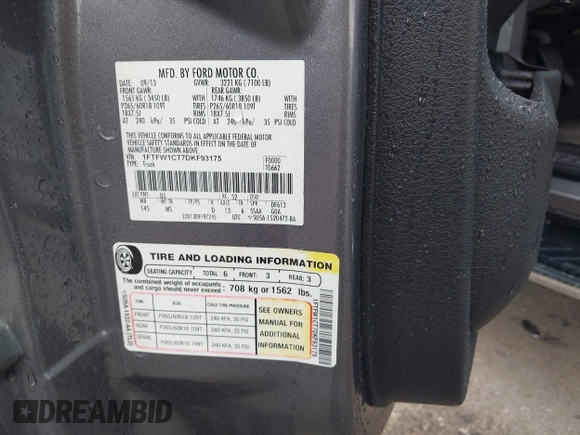 2013 Ford F-150 XL with VIN 1FTFW1CT7DKF93175, listed as a IAAI auction lot 42609689 with 98,247 mi miles and . Bid and sale history available at DreamBid. Image 9.