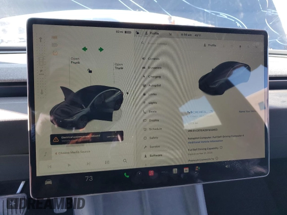 2025 Tesla Model 3 Long Range with VIN 5YJ3E1EA2SF932453, listed as a Copart auction lot 46695905 with 1,673 mi miles and Salvage Title. Bid and sale history available at carsss.com. Image 9.