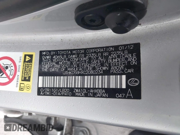 2012 Lexus CT 200h with VIN JTHKD5BHXC2080234, listed as a IAAI auction lot 41911973 with 86,261 mi miles and . Bid and sale history available at DreamBid. Image 9.