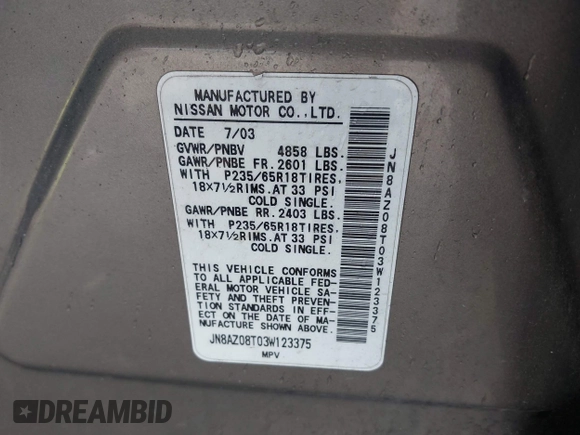 2003 Nissan Murano SL with VIN JN8AZ08T03W123375, listed as a IAAI auction lot 42084133 with 210,069 mi miles and . Bid and sale history available at DreamBid. Image 9.