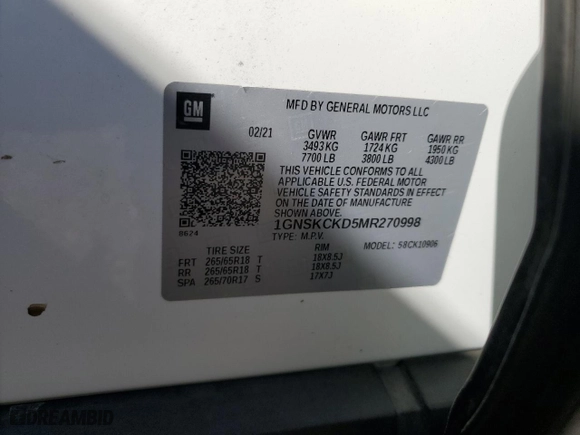 2021 Chevrolet Suburban LT with VIN 1GNSKCKD5MR270998, listed as a Copart auction lot 77673964 with 0 mi miles and Salvage Title. Bid and sale history available at carsss.com. Image 15.