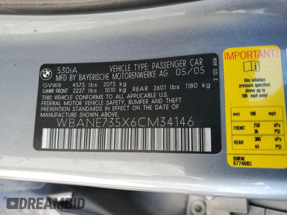 2006 BMW 5 Series 530i with VIN WBANE735X6CM34146, listed as a Copart auction lot 49740535 with 121,958 mi miles and Salvage Title. Bid and sale history available at carsss.com. Image 12.