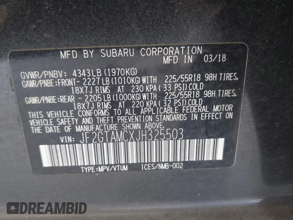 2018 Subaru Crosstrek Limited with VIN JF2GTAMCXJH325503, listed as a IAAI auction lot 42703485 with 36,326 mi miles and . Bid and sale history available at DreamBid. Image 9.