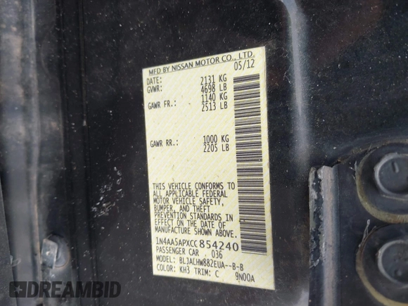 2012 Nissan Maxima S z VIN 1N4AA5APXCC854240, wystawiony jako IAAI lot #39945525 z przebiegiem Nie podano mil oraz . Historia ofert i sprzedaży dostępna na DreamBid. Obrazek 9.