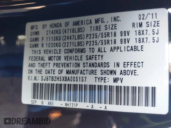 2011 Acura RDX Technology with VIN 5J8TB2H5XBA005157, listed as a IAAI auction lot 42426994 with 194,579 mi miles and . Bid and sale history available at DreamBid. Image 9.