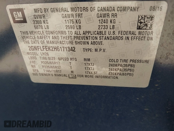 2017 Chevrolet Equinox LT with VIN 2GNFLFEK2H6171342, listed as a IAAI auction lot 42023295 with 69,982 mi miles. Bid and sale history available at carsss.com. Image 9.