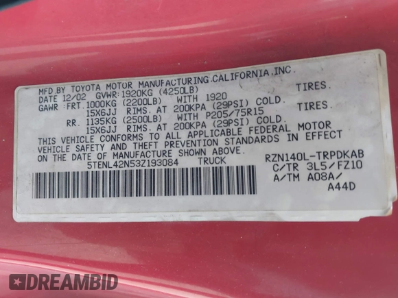 2003 Toyota Tacoma with VIN 5TENL42N53Z193084, listed as a IAAI auction lot 41946855 with 393,288 mi miles and . Bid and sale history available at DreamBid. Image 9.
