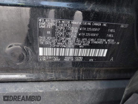 2021 Toyota RAV4 XLE with VIN 2T3P1RFV5MW228015, listed as a IAAI auction lot 42613804 with 28,028 mi miles and . Bid and sale history available at DreamBid. Image 9.