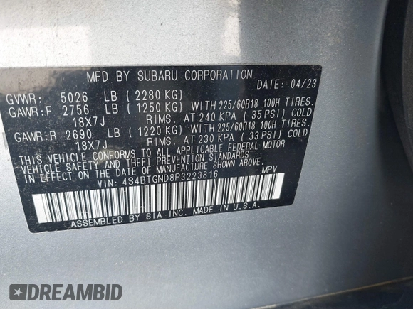 2023 Subaru Outback Limited XT with VIN 4S4BTGND8P3223816, listed as a IAAI auction lot 41728838 with 20,126 mi miles and . Bid and sale history available at DreamBid. Image 9.