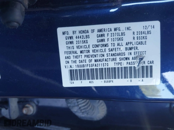 2015 Acura TLX Technology with VIN 19UUB1F55FA011570, listed as a IAAI auction lot 42437612 with 156,925 mi miles and . Bid and sale history available at DreamBid. Image 9.