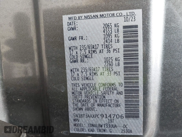 2023 Nissan Rogue S with VIN 5N1BT3AAXPC914706, listed as a IAAI auction lot 42402408 with 7,250 mi miles and . Bid and sale history available at DreamBid. Image 9.