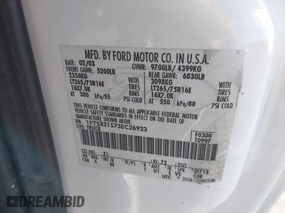 2003 Ford F-350 XL with VIN 1FTSX31S73EC26923, listed as a IAAI auction lot 41344390 with 139,893 mi miles and . Bid and sale history available at DreamBid. Image 9.