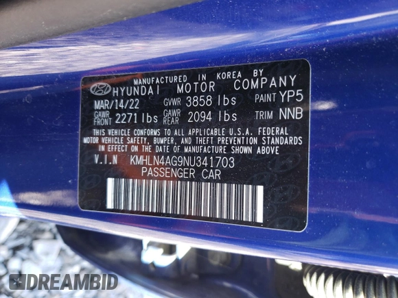 2022 Hyundai Elantra SEL z VIN KMHLN4AG9NU341703, wystawiony jako Copart lot #55013655 z przebiegiem 51 695 mil mil oraz Szkoda całkowita • Salvage title. Historia ofert i sprzedaży dostępna na DreamBid. Obrazek 12.