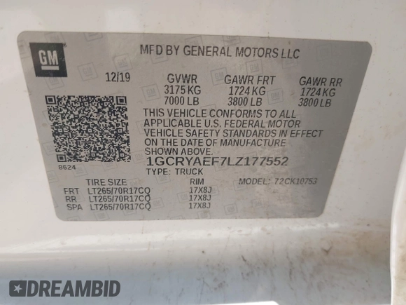 2020 Chevrolet Silverado 1500 Work Truck with VIN 1GCRYAEF7LZ177552, listed as a IAAI auction lot 42222984 with 57,729 mi miles and . Bid and sale history available at DreamBid. Image 9.