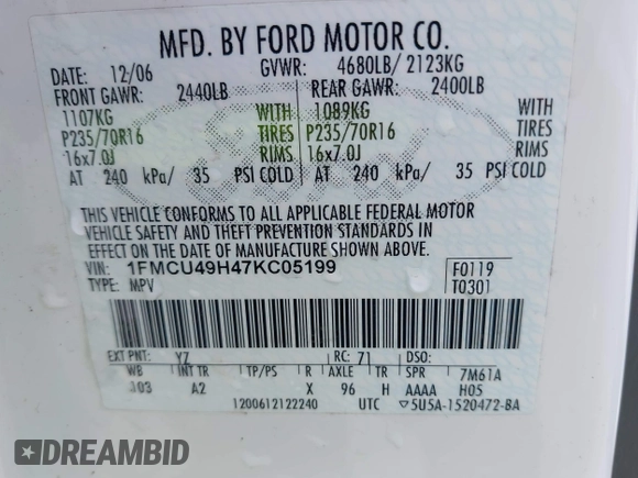 2007 Ford Escape Hybrid с VIN 1FMCU49H47KC05199, выставлен на аукционе IAAI как лот 42504487 с пробегом 169 644 миль миль и . История ставок и продаж доступна на DreamBid. Изображение 9.