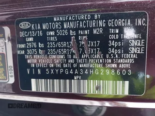 2017 Kia Sorento LX with VIN 5XYPG4A34HG298603, listed as a IAAI auction lot 40730804 with 89,819 mi miles. Bid and sale history available at carsss.com. Image 9.
