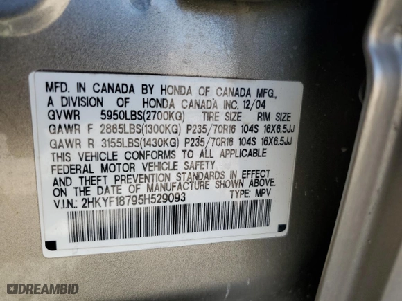 2005 Honda Pilot EX-L with NAVI with VIN 2HKYF18795H529093, listed as a Copart auction lot 50661595 with 270,930 mi miles and Clean Title. Bid and sale history available at carsss.com. Image 13.