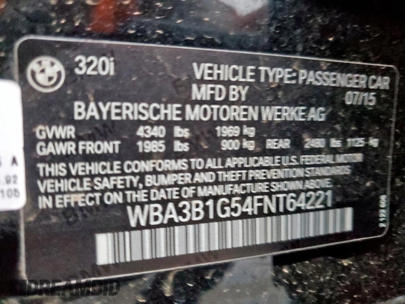 2015 BMW 3 Series 320i with VIN WBA3B1G54FNT64221, listed as a Copart auction lot 51874165 with 163,701 mi miles and Clean Title. Bid and sale history available at carsss.com. Image 12.