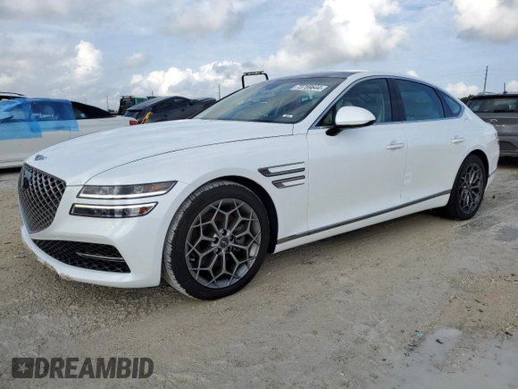 2023 Genesis G80 2.5T with VIN KMTGB4SC8PU146268, listed as a Copart auction lot 73759644 with 6,070 mi miles and Salvage Title. Bid and sale history available at carsss.com. Image 1.